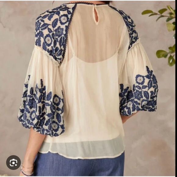Sundance Boho Luiza Silk Embroidered Sheer Blouse Size Medium NWT Cream Blue - Picture 2 of 10